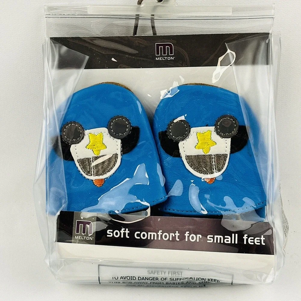 Melton Baby Shoes 6-12 Months Police Car Blue Soft Leather Slip On Non Skid Sole
